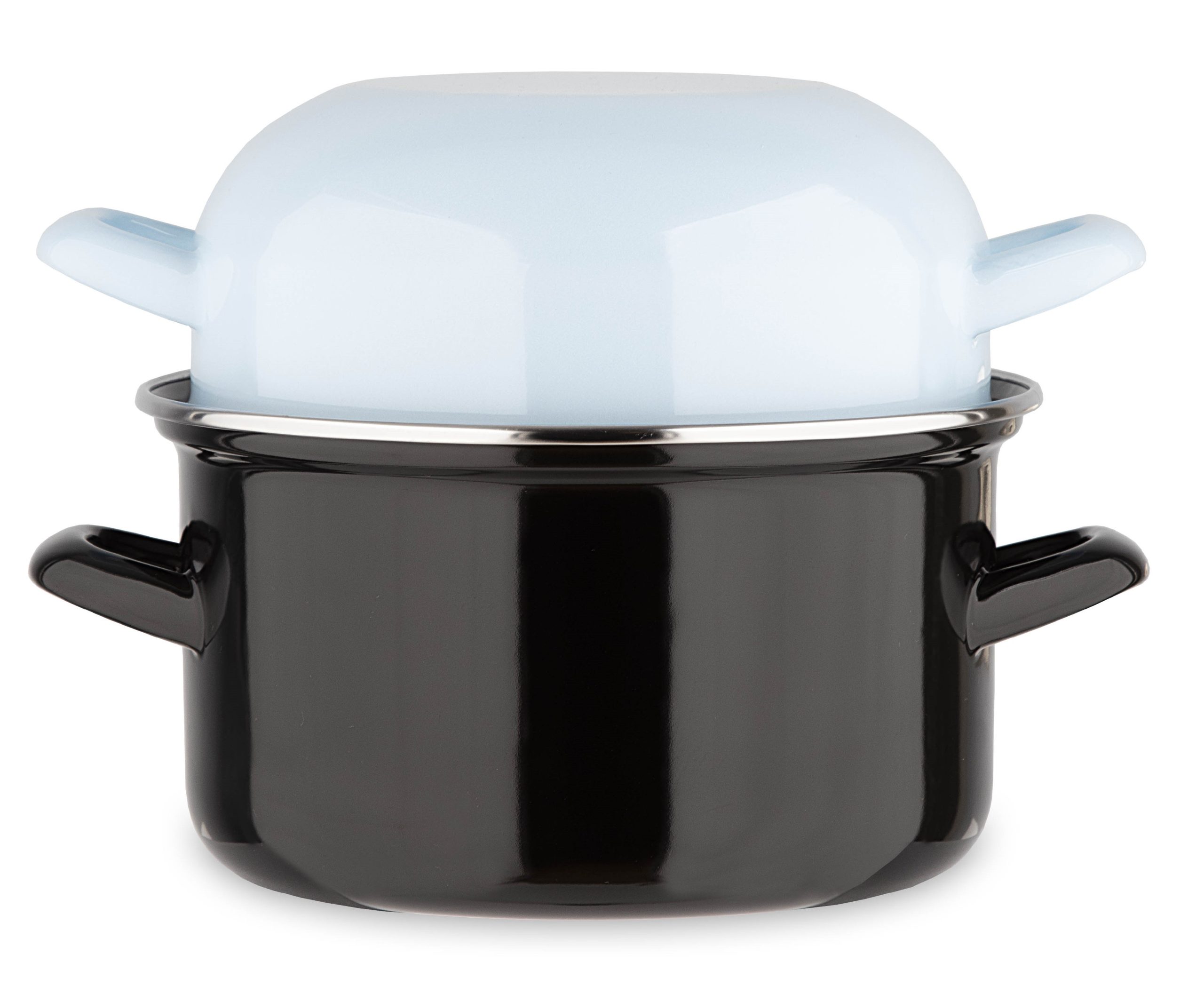 Marmite à moules noire avec couvercle bleu