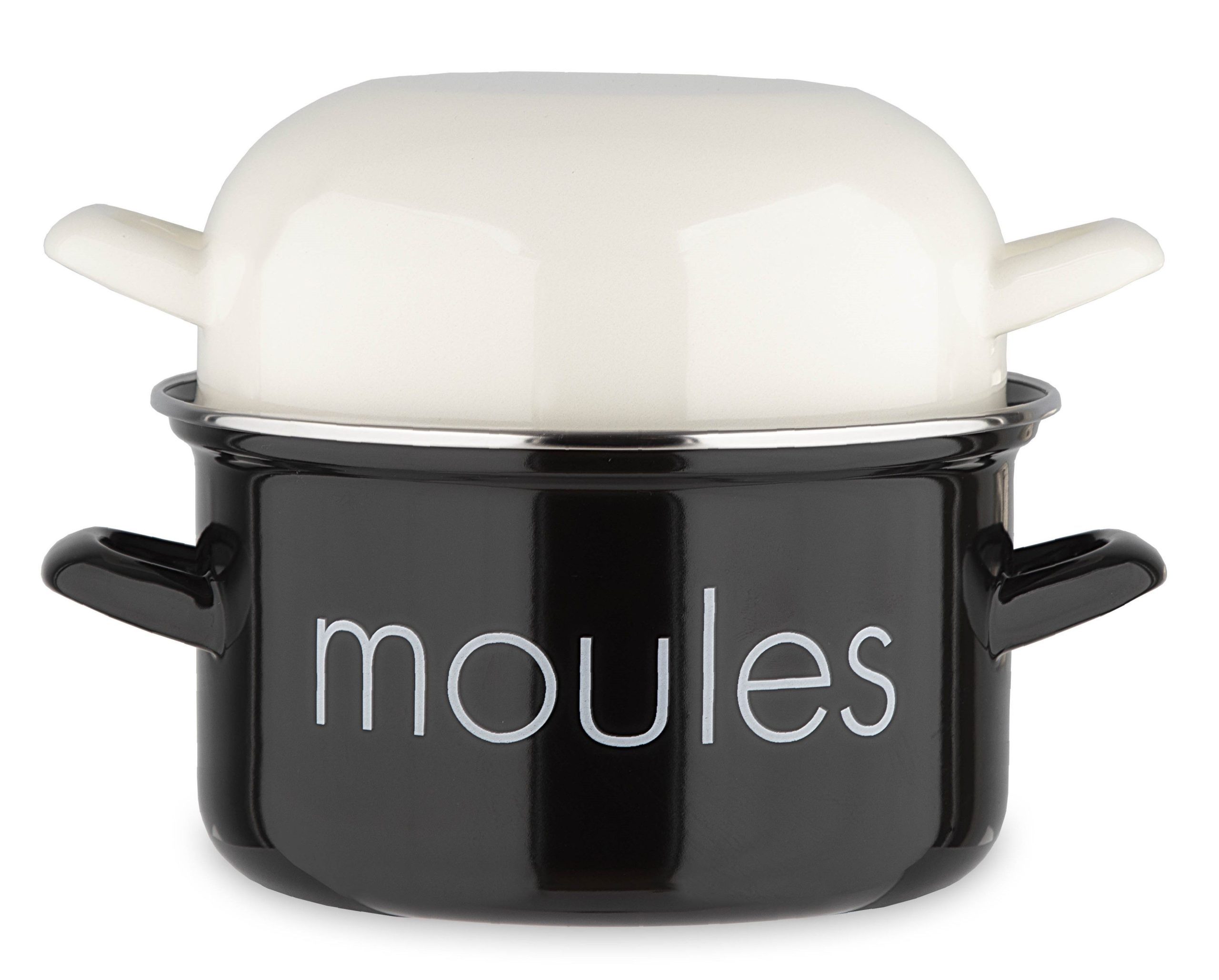 Marmite à moules noire marquage "Moules" - couvercle blanc
